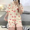 Cardigan Pijama Coreano Feminino Verão Novo Manga Curta Shorts Roupa Doce para Casa conjunto
