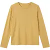 Look de início de outono: camiseta feminina de gola redonda, modelagem solta e mangas compridas, top básico macio e aconchegante para meninas baixinhas