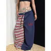 Pantalones casuales retro de retazos bicolor estilo americano a rayas para mujer, verano jazz sueltos fluidos doble estrella danza jazz pantalones curvos