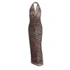Vestido de Verano 2025 Sexy con Estampado de Leopardo, Cuello Halter, Espalda Descubierta, Satín, Ajustado, Drapeado, Bloque de Color, Escote en V Profundo para Mujer