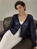 Elegante Cárdigan de Punto Jacquard Hueco Francés de Seda y Cachemira, Top de Lana con Cuello en V y Cinturón de Corbata Estilo Vintage