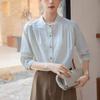 Camisa Casual Elegante de Lujo Ligero Azul Cielo y Nube Blanca para Mujer, Manga Tres Cuartos Simple, Adelgazante y Elegante, Colección Primavera/Verano 2025