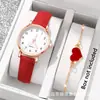 Set de relojes para mujer más vendido transfronterizo: reloj digital de pulsera de cuero simple de cuarzo + pulsera en forma de corazón, estilo ins de moda