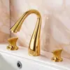 Lavabo de tres agujeros estilo europeo bajo encimera grifo de agua fría y caliente latón dorado lavabo lavabo lavabo grifo para lavabo