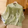 Camiseta bordada modificada estilo chino para mujer, estilo fino de verano, cuello alto, abotonada, algodón y lino, top de manga tres cuartos