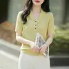 Camisa casual para mujer de primavera-verano, cuello clásico, ajuste slim, manga corta, patrón retorcido de Tencel, estilo retro chic, básica, limpia