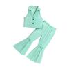 Estilo europeo y americano verano niños color liso patrón texturizado solapa sin mangas top lazo pantalones de cuerno traje para niñas