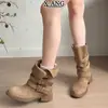 Botas western cowboy Maillard dobráveis de couro genuíno para usar de duas maneiras para mulheres, botas plissadas de salto empilhado na panturrilha média, botas Martin, botas curtas para mulheres