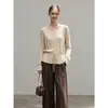 Nuevo Otoño Casual Francés Perezoso Diseño Hueco Holgado Cuello con Cordón Cintura ceñida Top de Punto Mujer