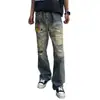 Jeans Rasgados Lavado Sucio Desgastado Vintage Americano Hombres Calle Alta Canalla Diseño Atractivo Corte Navaja Patchwork Salpicadura Microcampana Pantalones Largos Modernos