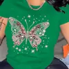 Camiseta Estampada de Desenho Animado com Laço Feminina - Top Casual de Gola Redonda com Manga Curta, Primavera e Verão, Lavável à Máquina, Poliéster Algodão