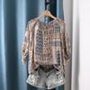 Camisa de Algodón Tencel con Estampado Étnico, Cuello Redondo, Cordones, Manga Tres Cuartos, Nueva de Verano, Top Casual Ligero y Holgado