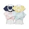 Bt970-26 Verano Estilo Coreano Ajustado Cuello Redondo Color Macarrón Falso Dos Piezas Manga Corta Suéter Camiseta Camisa Base