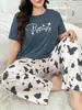 Pijama Estilo Europeu Plus Size, Extra Grande e Amigo de Pessoas Gordas, Estampa de Coração, Gola Redonda, Manga Curta, Calça Longa, Pijama, Roupa de Casa, Pode Ser Usado Fora, Feminino