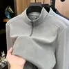 Camiseta de Manga Larga para Hombre de Otoño Nueva de Gama Alta Cuello Alto Media Cremallera con Lana Seda Camisa Base de Caballero para Hombre