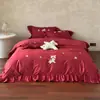 El Dinero Está Llegando Dibujo Animado Caballo Lindo Pequeño Bordado Algodón de Fibra Larga Juego de Cuatro Piezas Rojo Festivo Ropa de Cama de Año Nuevo para el Año del Caballo