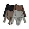 Atacado de Roupas Femininas Transfronteiriças Estilo Europeu e Americano Novas Camisetas Casuais de Manga Longa com Cordões para Apertar a Cintura e Efeito Emagrecedor Camisetas Assimétricas de Manga Longa