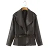 ¡Pedido de Comercio Exterior! Chaqueta Abrigo de Cuero PU Estilo Retro Europeo y Americano para Mujer con Solapas Grandes, Cinturón, Hombreras y Decoración de Cremallera