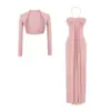 Estilo Europeo y Americano Sexy Vestido de Cuello Halter Chal Conjunto de Dos Piezas Plisado Cintura Ajustada Aspecto Adelgazante Top Tubo Falda de Tirantes Falda Larga