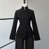 Camisa de primavera y otoño transfronteriza estilo chino retro con cuello alto, botones, cinturón ceñido, mangas de campana para mujer, top mejorado de estilo nacional, corte ajustado, cuello diagonal