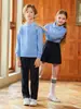 Uniforme de Clase Estilo Universitario para Niños Camiseta Polo Azul de Manga Larga Uniforme Escolar Primaria Set de Uniforme de Jardín de Infancia