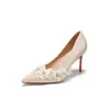 Zapatos de tacón de aguja altos con punta afilada, florales, con cuentas y encaje francés hecho a mano para mujer, 9169E-235