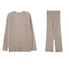 Conjunto de Dos Piezas para Mujer 2025 Estilo Nuevo Transfronterizo Estilo Perezoso Elegante Color Puro Casual Elegante Abertura Suéter de Punto Pantalones de Pierna Ancha