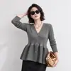 Chaqueta plisada petite de estilo japonés, corte ajustado, con cuello en V, bajo con volantes y color liso, top cárdigan de manga larga