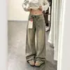 Jeans Anchos Lavados Desgastados con Estampado de Cruz Retro Americano para Mujer Otoño Tallas Grandes Nicho Cintura Alta Pantalones de Longitud Completa