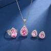 Nuevo traje de tesoro colorido rosa flor de cerezo con circonita rosa para mujer, collar, anillo y pendientes a juego a la moda, joyería de traje