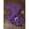 Conjunto de Pijama Morado de Deseo Puro con Mangas Cortas para Mujer, Nuevo Estilo de Verano, Decoración de Botones, Agradable para la Piel y Cómodo, Conjunto para Estar en Casa, Se Puede Usar al Aire Libre