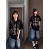 Camiseta de Manga Corta de Algodón Puro con Estampado Psicodélico Estilo Urbano para Mujer Camiseta Estampada de Media Manga Blanco y Negro Estilo Europeo y Americano Top Genial