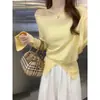 Estilo Relajado y Suave, Hombros Caídos, Cuello Bardot de Una Sola Línea, Prendas de Punto Sueltas para Mujer, Top Coreano de Otoño con Abertura de Botones