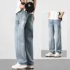 Jeans Masculino de Cor Clara Primavera 2025 Novo Reto Solto Perna Larga Primavera e Outono Tendência Casual Americano Calças Longas