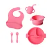 Novo Conjunto de Utensílios de Alimentação para Crianças Transfronteiriços, Prato de Silicone, Tigela, Garfo, Colher, Babador, Copo, Conjunto de Seis Peças para Alimentação