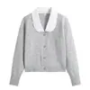 Cardigan Tricotado Color Block Gola Boneca Abotoado Feminino Moda Europeia e Americana Transfronteiriça 2026 Novo Elegante Amazon