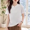 92% algodón 8% elastano para mujer, color liso, simple, cuello en V pequeño, camiseta casual versátil con diseño de botones, jersey
