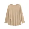 2603-26 Primavera Estilo Coreano Holgada Hombros Descubiertos Blusa Top Deportivo con Mangas Largas Curvas y Dobladillo con Abertura Camiseta Capa Base