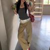 Pantalones Rectos Vintage Caqui con Encaje Empalmado para Mujer 2025 Primavera Nuevo Cintura Alta Sueltos Versátiles Adelgazantes Pantalones Cimitarra