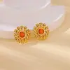 Brincos de Aço Inoxidável Dourado Retro com Pérola e Pedra Olho de Gato, Brincos de Flor Plissada Personalizados