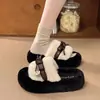 Pantuflas peludas para mujer para usar en exteriores, nuevos zapatos peludos de moda primavera y otoño 2026, zapatos con cordones, pantuflas de algodón de suela gruesa y plataforma