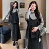 Conjunto de Maternidad Otoño/Invierno Estilo Nuevo Cuello de Encaje Top de Lunares Vestido de Lana Conjunto de Dos Piezas Cubre Vientre Adelgazante Vestido Largo