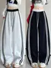 Pantalones de mujer de contraste blanco y gris con franja en la cintura de doble raya y bajo curvo, para otoño, de cintura alta, casual, holgados, adelgazantes, de pierna ancha, deportivos