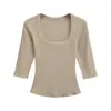 2566-Camiseta de Moda Cuadrada de Manga Media Estilo Europeo y Americano para Mujer 2025 Nuevo Top Básico Sexy Ajustado