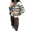 Cárdigan de punto de mezclilla patchwork a rayas estilo japonés y coreano transfronterizo, nueva colección otoño/invierno 2026, chaqueta suéter casual de corte holgado para mujer