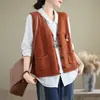 Chaleco de punto 100% algodón para mujer, nuevo de principios de otoño 2024, vintage, artístico, versátil, sin mangas, cuello en V, prenda de abrigo
