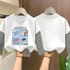 Camiseta de manga larga a rayas de algodón puro para niños, camiseta básica de otoño con dibujos animados, top falso de dos piezas para niños, casual y versátil