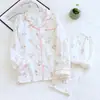 Pantalones de algodón de gasa finos transpirables absorbentes de sudor de manga larga para mujer, primavera y otoño, conjunto de dos piezas para casa, estampado floral pequeño fresco