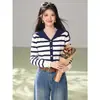 Cardigan Tricot Listrado Azul Marinho com Gola Feminino 2026 Primavera Novo Design Peça de Outerwear de Nicho Top Curto