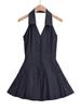 Vestido Corto de Estilo Americano para Chica Picante con Cuello Halter en V, Vestido Lencero Sexy sin Mangas con Espalda Descubierta, Vestido Corto de Línea A de Cintura Baja con Cintura Ceñida